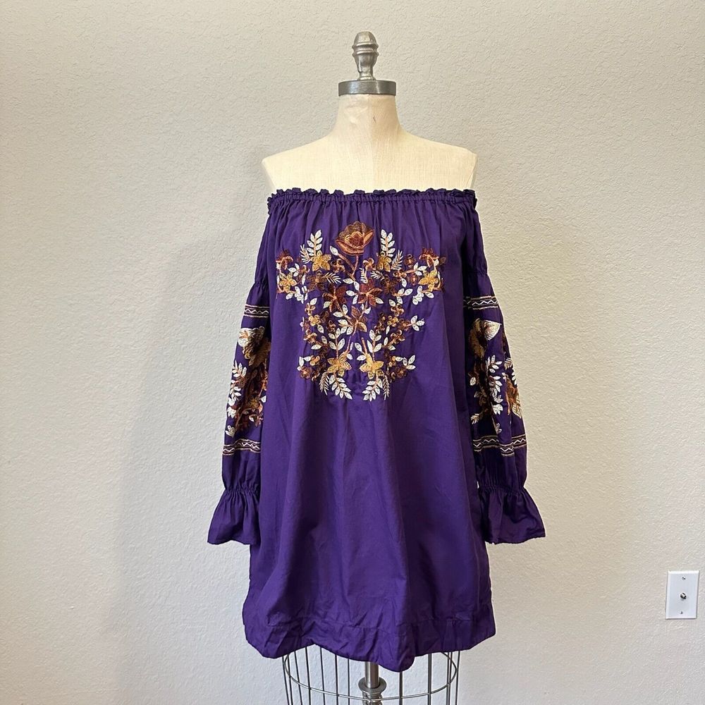 FREE PEOPLE Embroidered Fleur Du Jour Shift Mini Dress Purple